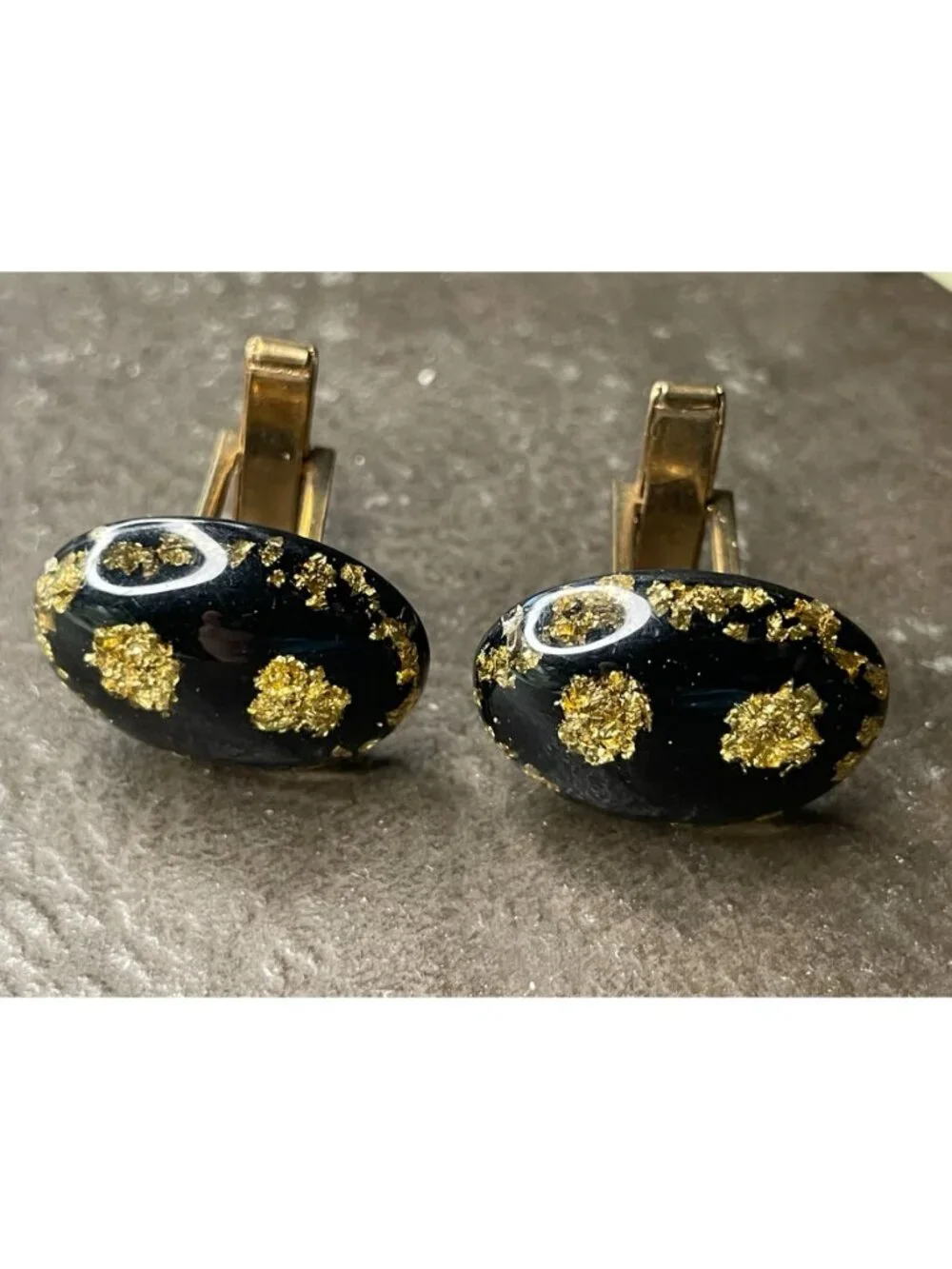 Vintage 1950s Black Confetti Lucite Cufflinks Gold Foil Fleck Oval Mid Century R